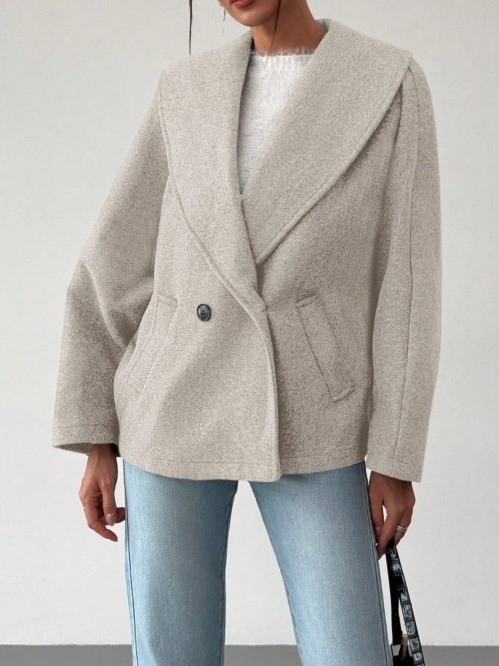 Heather Gray Oversized Shawl Collar Batwing Sleeve Elegant Cropped Coat Jacket